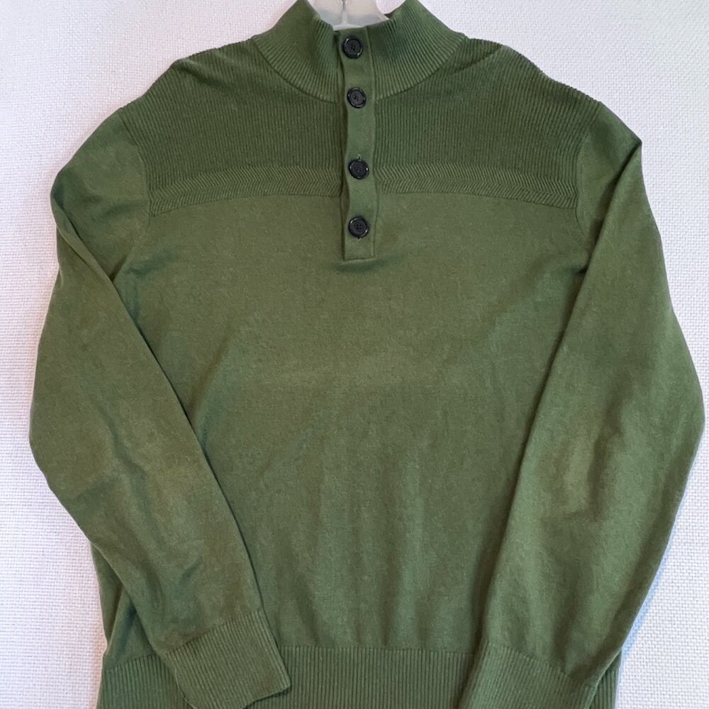 Banana Republic 1/4 Button Mock Neck Pullover Sweater Olive Green Knit‎ Sz Large